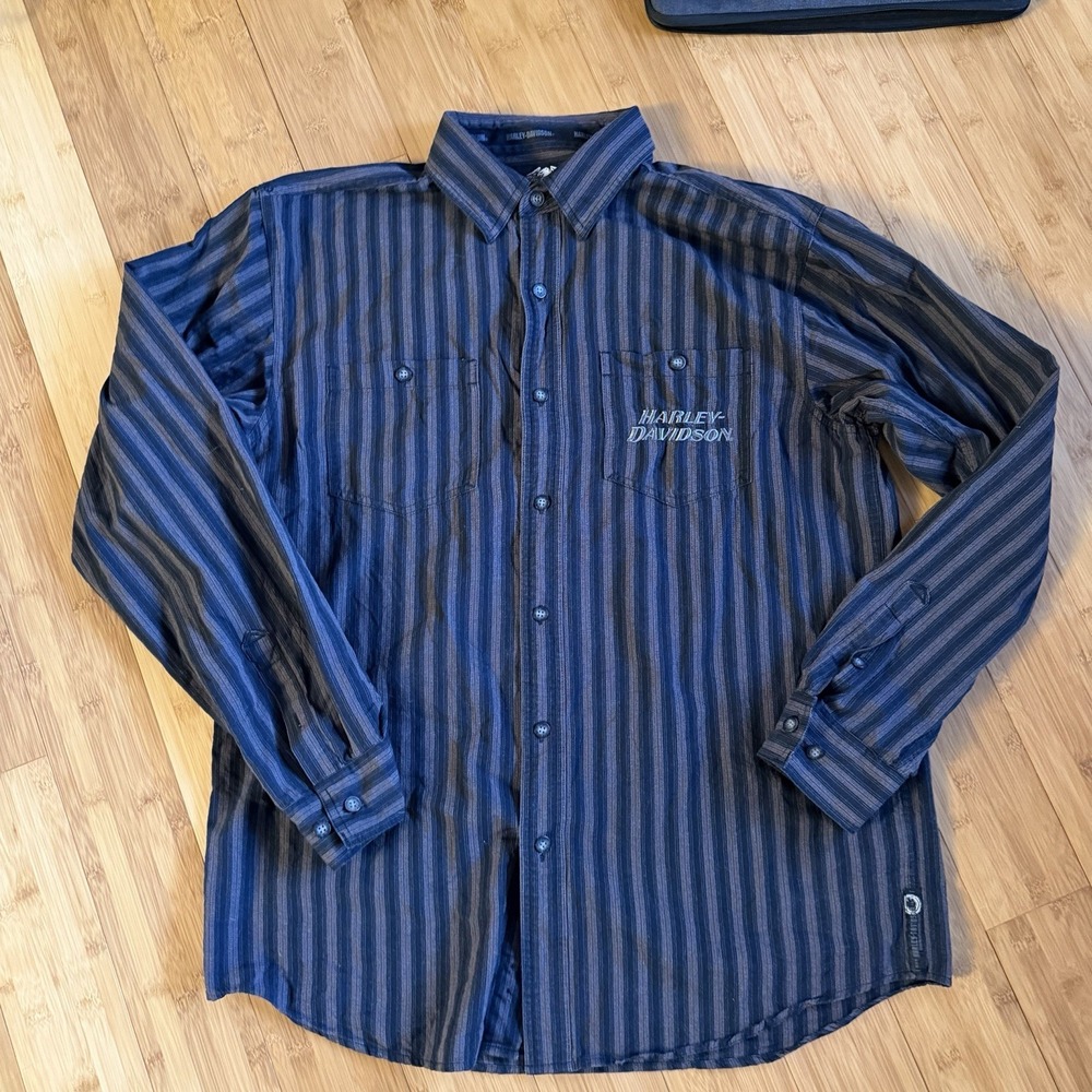 Harley Davidson Mens Button Down Shirt L Tall Blue Striped Long Sleeve Biker